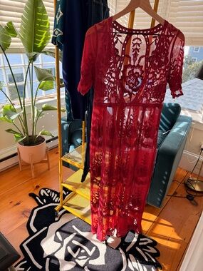 Red Lace Sheer Maxi Dress